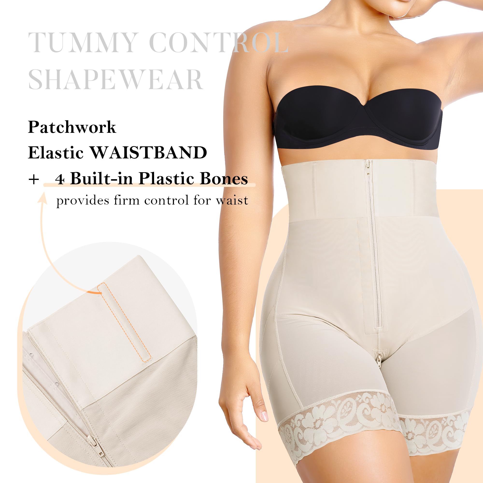 YIANNA Shapewear for Women Tummy Control Strapless Fajas Colombianas Body Shaper Shorts Butt Lifter with Zipper Crotch